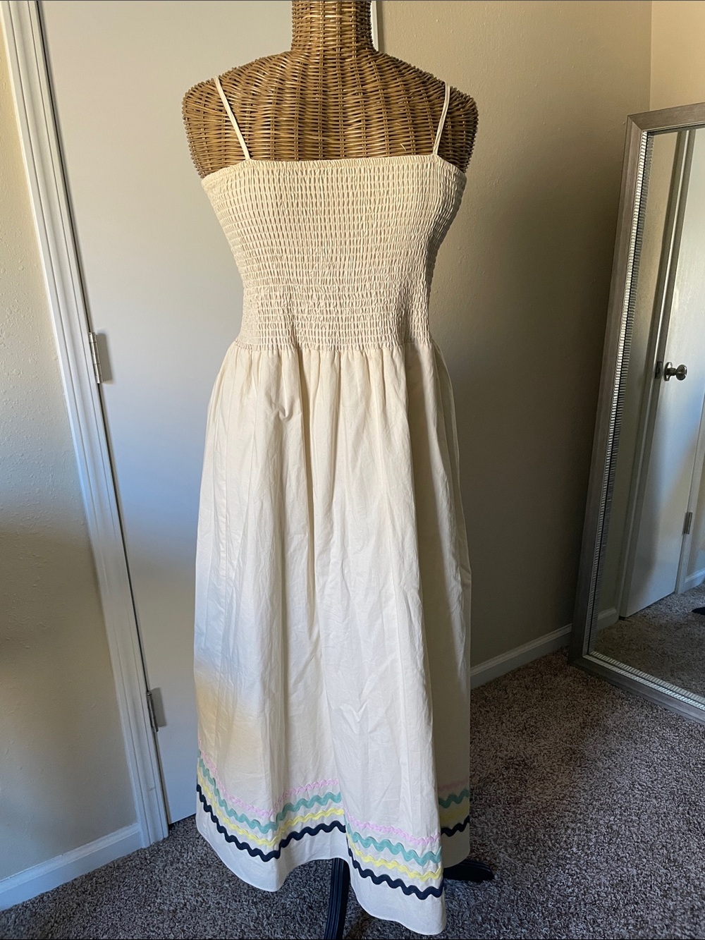 Sail to Sable Spaghetti Strap Midi Dress in Cream with Pastel RickRack Trim